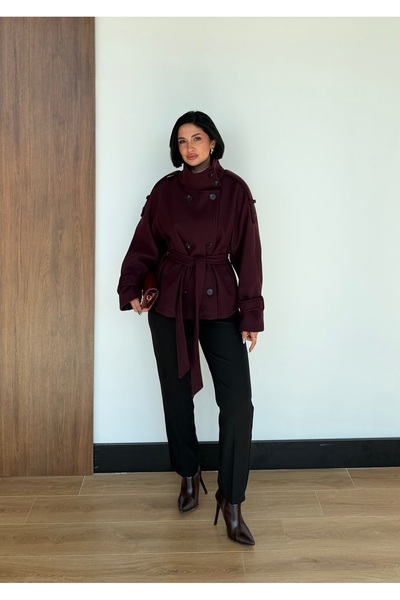VeraTrend Kadın Dik Yaka Oversize Kuşaklı Kısa Kaşe Kaban
