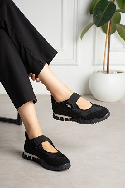 SEFERİ Women's Black Colored Comfortable Sole Velcro Ballerina Casual Sports ...