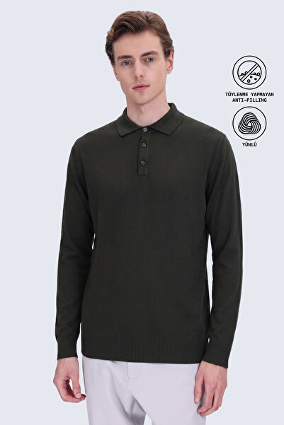 Hatemoğlu Haki Regular Fit Düz Polo Yaka Triko Kazak