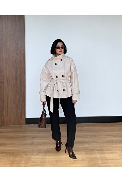 VeraTrend Kadın Dik Yaka Oversize Kuşaklı Kısa Kaşe Kaban