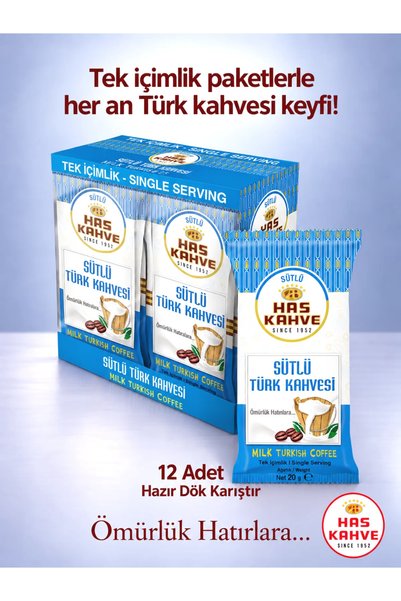 Has Kahve Has Tek Içimlik Sütlü Türk Kahvesi 12'li Paket 20 Gr