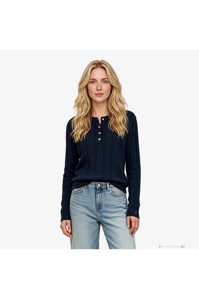 Tommy Hilfiger Mini Cable Pointelle Henley Kadın Lacivert Triko