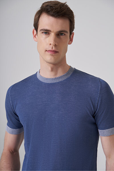Morven Erkek İndigo Trend Bisiklet Yaka Triko T-Shirt