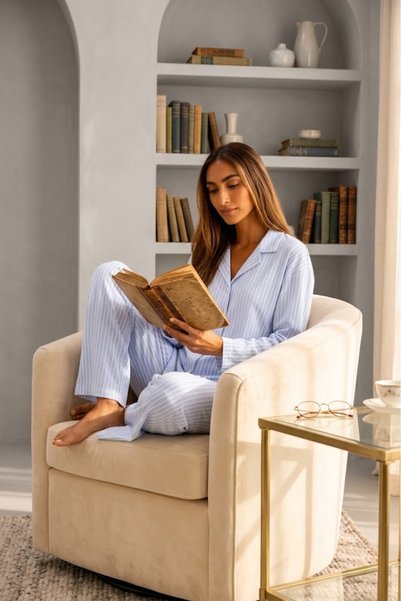 FİT WOMEN طقم بيجامة نسائي بأكمام طويلة وأزرار أمامية باللون الأزرق