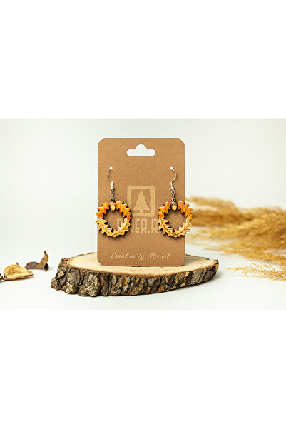 Piner Cercei handmade din lemn, model coronita cu frunze de toamna, nuante na...