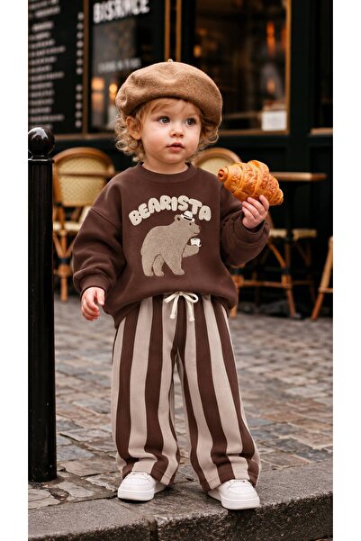 kr kids Children's Brown Bearista Embroidered Sweatshirt Striped Bottom Track...
