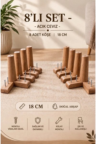 LEGORA WOOD DESIGN 18 Cm Konik Açık Ceviz Mobilya Ayağı 8'li Set 1. Sınıf Gür...
