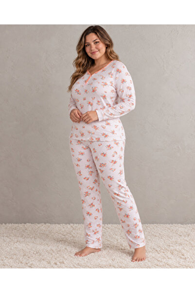 embody Pijamale de bumbac pentru femei, mărimi mari, cu imprimeu floral, bluză cu mânecă lungă și pantaloni lungi