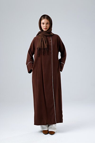 MASHRU Women's Ferace with Piping, Covered Buttons, and Pockets, Hicaz Brown