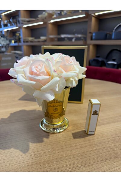 decovien Lüks Gold Metal Vazolu Pembe Kenarlı Yapay Gül Arajmanı Dekoratif Çi...