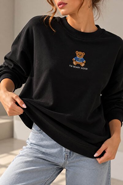 bb butik basic Women's Teddy Bear Embroidered Basic 2 Thread Sweatshirt