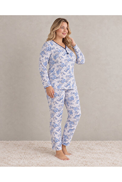 embody Pijamale de bumbac pentru femei, mărimi mari, cu imprimeu floral albastru, cu mâneci lungi și pantaloni lungi.
