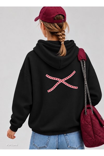 FUFLUNS Heart Strip Printed Oversized Women's Hooded Sweatshirt