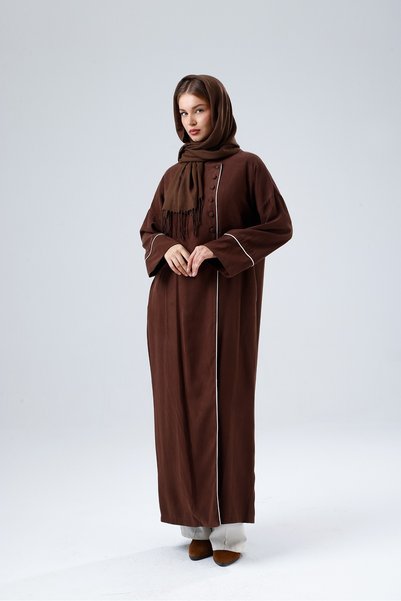 MASHRU Women's Ferace with Piping, Covered Buttons, and Pockets, Hicaz Brown