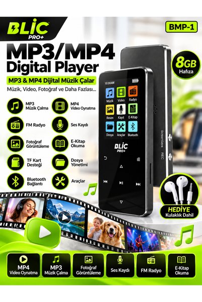 VEROXA BMP-1 8GB MP3 MP4 Dijital Müzik Video Çalar Bluetooth FM Radyo TFT Ekran
