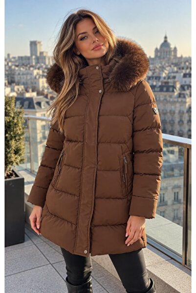 embody Jachetă lungă, groasă, maro, de damă, cu glugă și bordură de blană, matlasată, stil de iarnă 8819