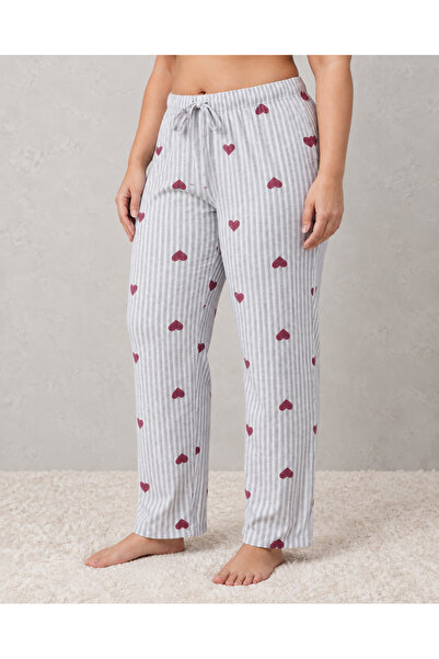 embody Pantaloni de pijama din bumbac pentru femei, mărimi mari, cu dungi și inimioare, cu talie elastică