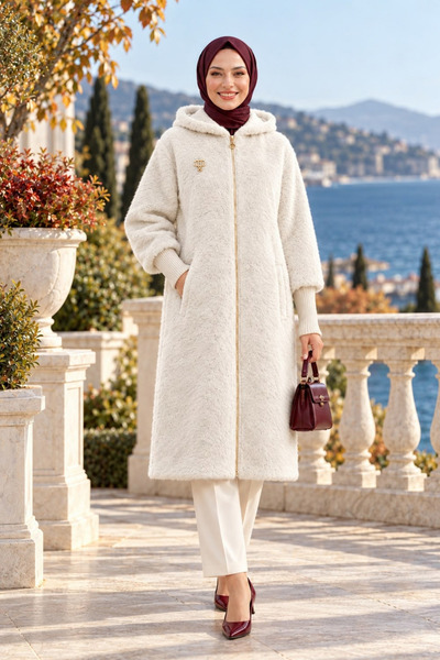Hb Harma Time Butik Kadın Fermuarlı Kapüşonlu Angora Beyaz Kürk Kaban