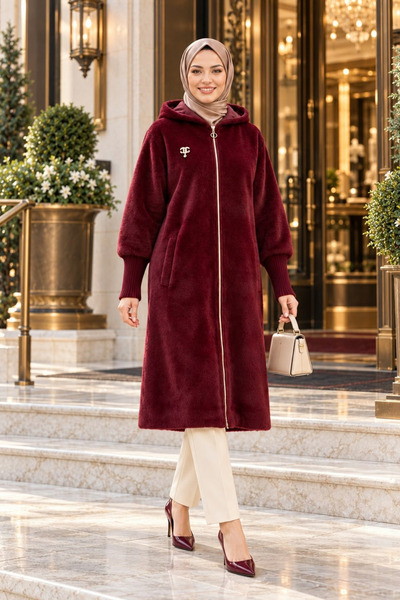 Hb Harma Time Butik Women's Zippered Hooded Angora Burgundy Fur Coat