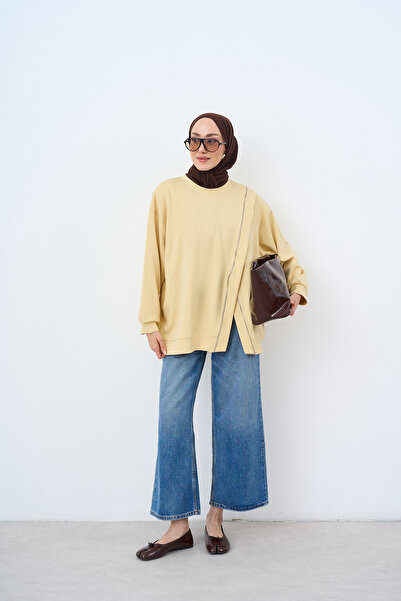 LOCCO Kadın Asimetrik Fermuarlı Oversize Sweatshirt Sarı