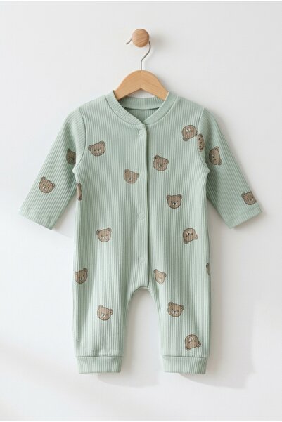 hobbe baby Ayıcık Kafası Desenli Bebek Tulumu 3-6-9 Ay % 100 Pamuk