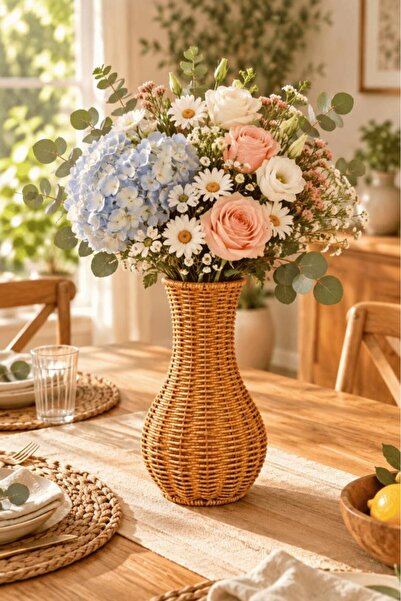 Atbyhome Doğal Hasır Rattan Çiçek Vazosu 25.5 cm - Masa Üstü Dekoratif El Örg...