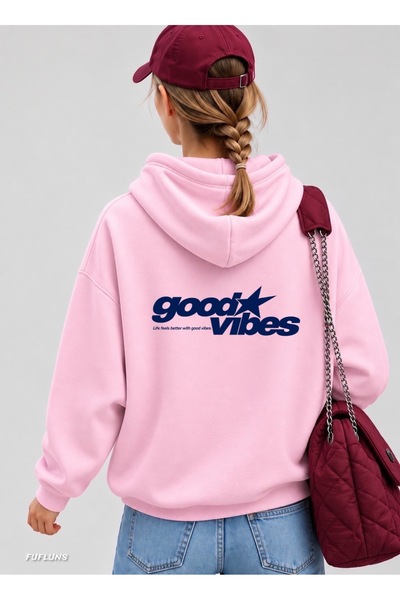 FUFLUNS سويت شيرت نسائي بقلنسوة وطباعة على الظهر من GOOD VIBES YILDIZ، مقاس كبير