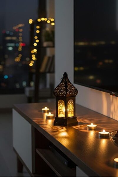 Generic فانوس رمضان ذهبي للزينة، ديكور إسلامي تقليدي لرمضان مع مقبض للتعليق