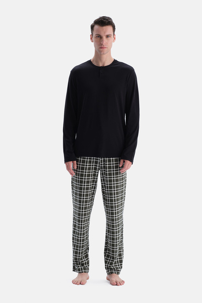 Dagi Black Patched Long Sleeve Waffle T-Shirt Plaid Pants Set
