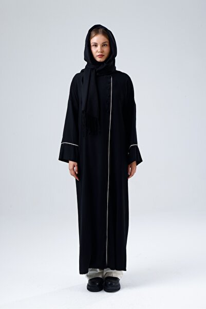 MASHRU Women's Ferace Hicaz Black with Piping, Buttons and Pockets