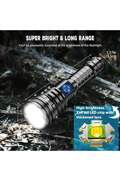 WholeFire Lanterna LED reîncărcabilă cu 90000 de lumeni, cip XHP160, zoom telescopic, baterie de 4800mAh, power bank, spărgător de sticlă, IPX4, cablu USB-C, din aluminiu, pentru camping și urgențe, negru