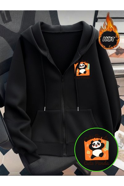 MITHRAS OUTDOORS Unisex Black Cute Panda Printed Zippered Sweatshirt Printed ...