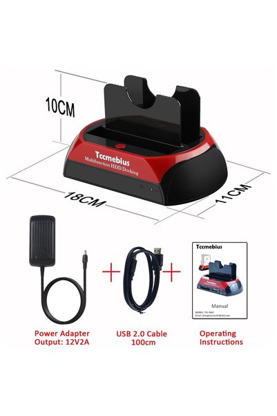 Tccmebius Stație de andocare USB 2.0 pentru hard disk-uri, TCC-S862-DE – Carcasă externă cu două sloturi pentru HDD/SSD SATA și IDE (2.5 și 3.5 inch)