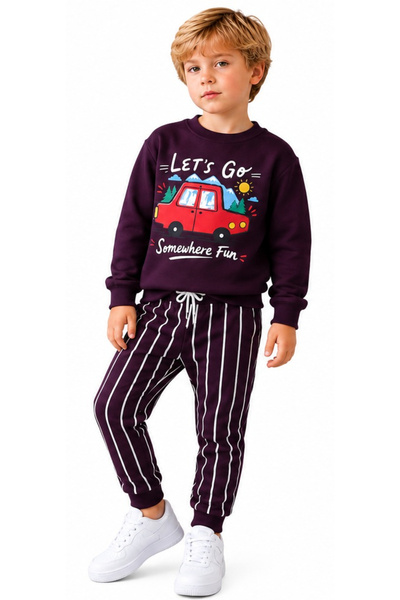 İrem Çocuk Giyim Boy's Lets Go Written Car Patterned Sweatpants with Striped ...