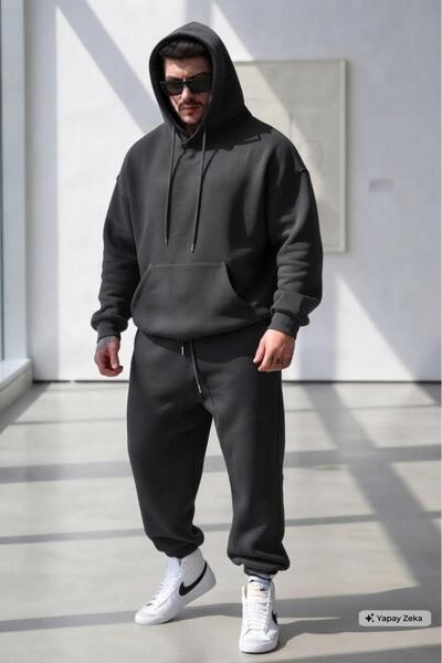 NO 601 Men's Black Hooded Black 3-Thread Tracksuit Bottom Set