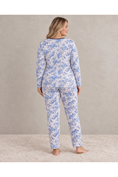 embody Pijamale de bumbac pentru femei, mărimi mari, cu imprimeu floral albastru, cu mâneci lungi și pantaloni lungi.