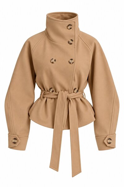 Laluvia Camel High Collar Belted Trench Coat - 2Y501326