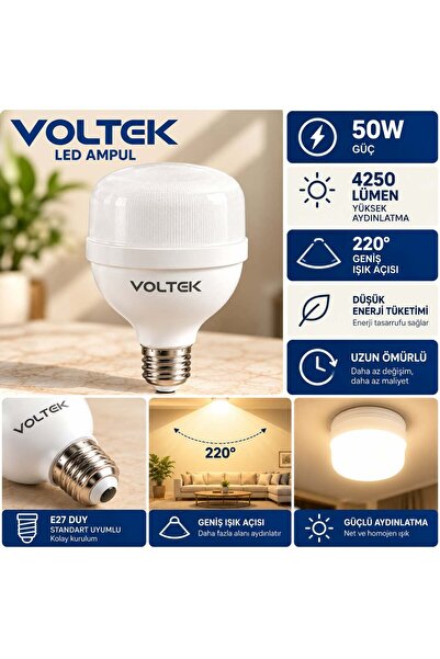 Voltek 50W LED Ampul 4250 Lümen E27 Duy 220° Geniş Işık Açısı – 2’li Paket