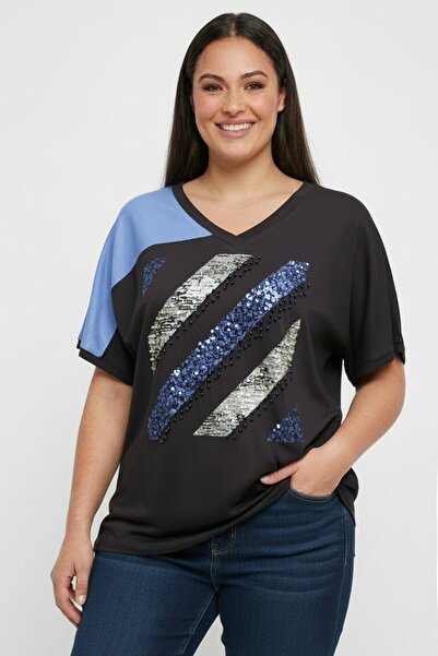 By Saygı Women's V-Neck Cross Stripe Sequin-Bead Embroidered Short Sleeve Lyc...