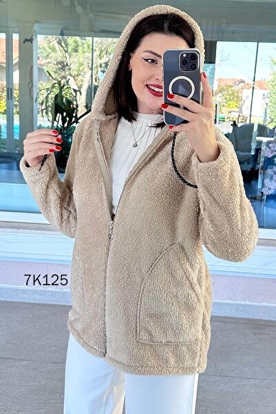 İnce Topuk Kapşonlu Peluş Hırka 7K125