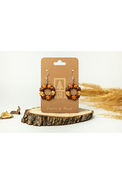 Piner Cercei handmade din lemn, model coronita cu frunze de toamna, nuante na...