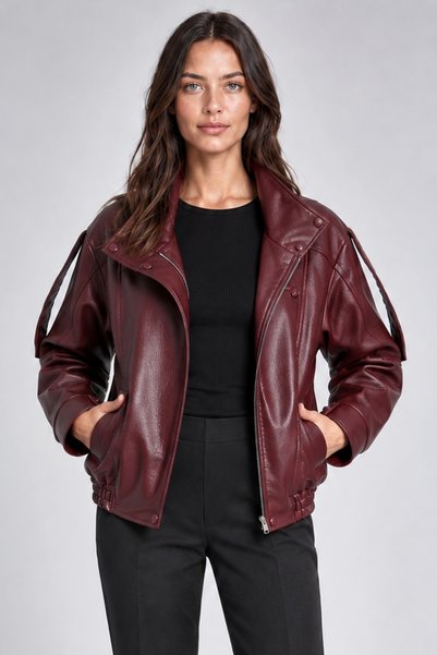 Freemen Kadın Bordo Oversize Kalıp Asimetrik Fermuarlı Çıtçıt Detaylı Suni Deri Ceket