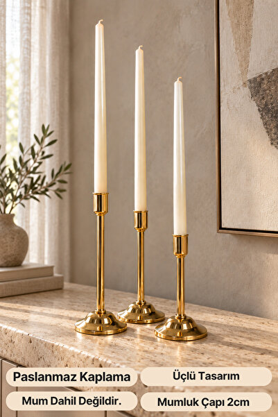mba decor metal bending art Aurea Model 3’lü Şamdan Dekoratif Mumluk Seti Ev Dekorasyon Gold 20-23-27 cm