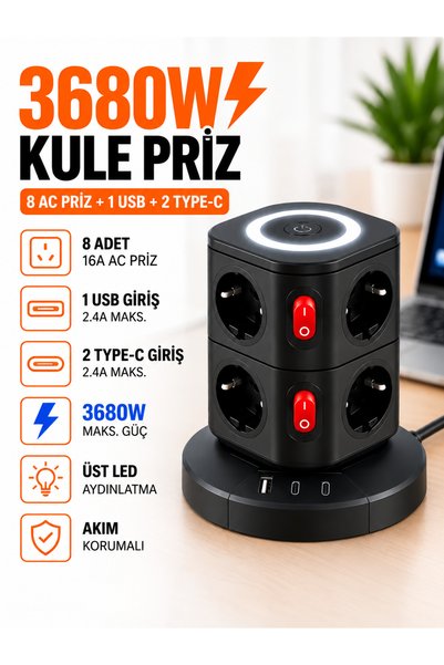 Moxti 3680W Kule Tipli 8x Priz 1x Usb,2xType-c Şarj 2 Metre Kablo Uzunluğu Le...