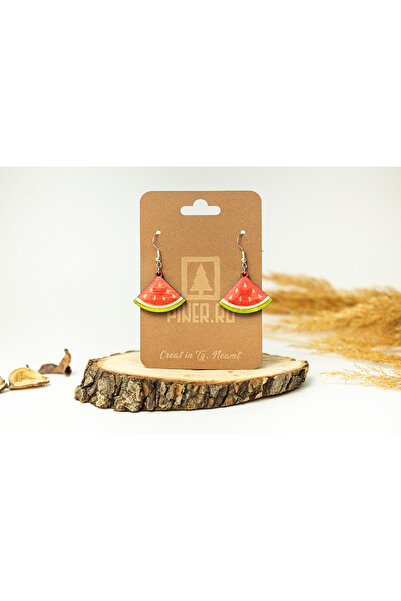 Piner Cercei handmade din lemn, model felie de pepene, nuante naturale