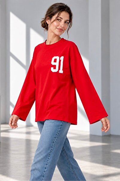 bb butik basic Γυναικείο 91 εμπριμέ φούτερ με μακρύ μανίκι και λαιμόκοψη ποδη...