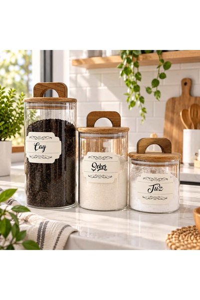 MODA OZY 3'lü Akasya Kapaklı Etiketli Cam Kavanoz Seti 1300/950/550 ml Çay- Şeker -Kahve-Tuz Bakliyat Saklama Kabı