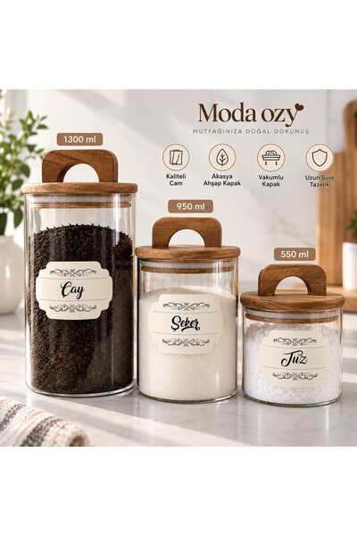 MODA OZY 3'lü Akasya Kapaklı Etiketli Cam Kavanoz Seti 1300/950/550 ml Çay- Şeker -Kahve-Tuz Bakliyat Saklama Kabı