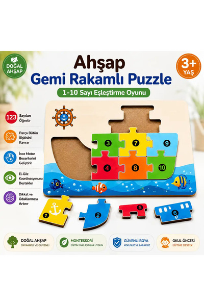 Hopiers Ahşap Gemi Rakamlı Puzzle – 1-10 Sayı Eşleştirme Oyunu