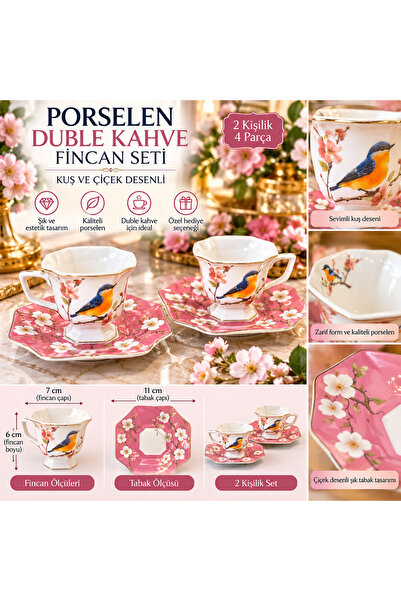 Porselen 2 Kişilik Duble Kahve Fincan Seti Kuş ve Çiçek Desenli Pembe Tabaklı 4 Parça